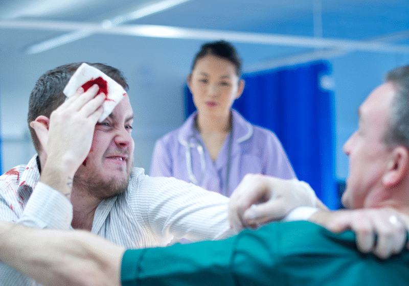 aggression-healthcare A aggressive patient in an emergency department becomes physically aggressive towards a paramedic, while a nearby nurse appears frozen in fear, illustrating the risks of occupational violence and the need for de-escalation and team safety strategies.